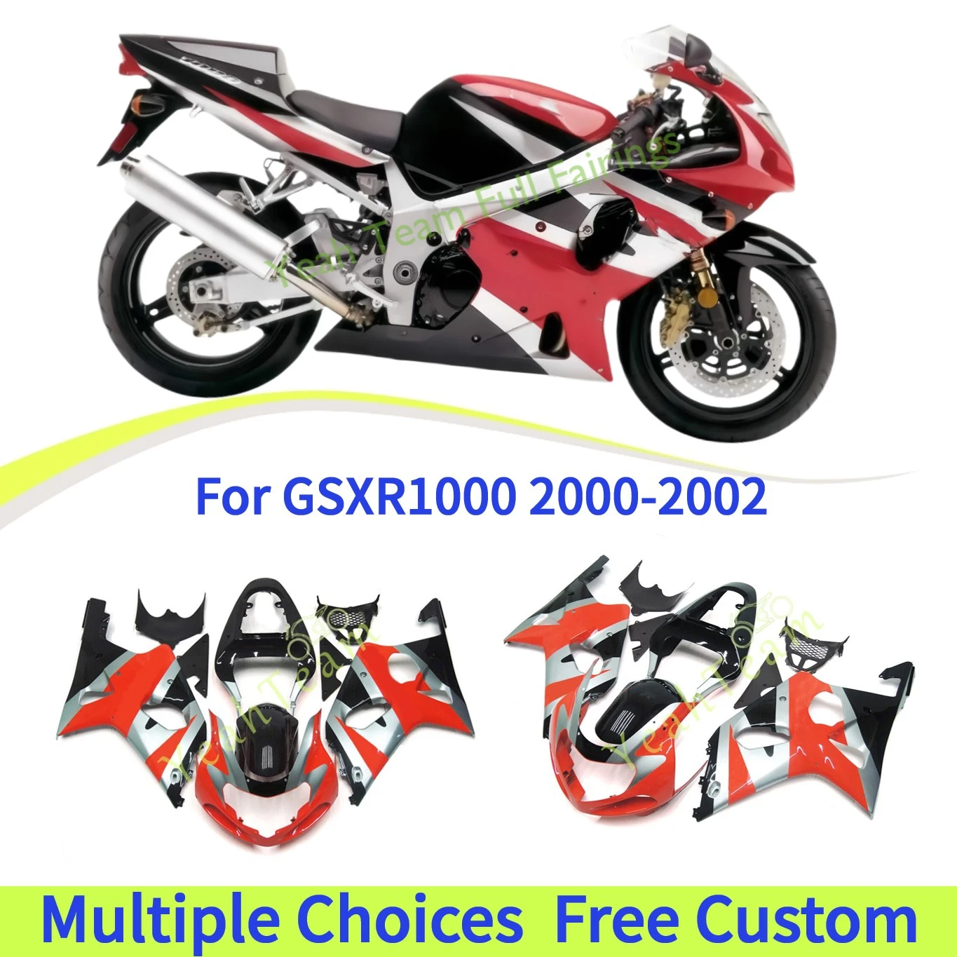 

Motorcycle Bodywork Components Injection Cowling For GSXR1000 GSX GSXR 1000 2001 2002 K2 K1 Silver Red Fairing kit