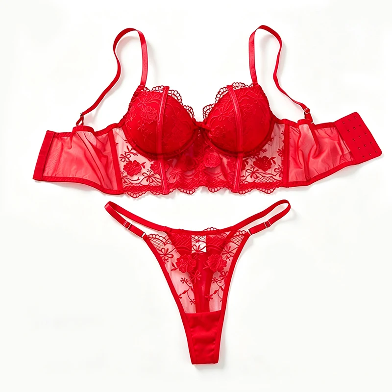 Dessous für Damen, sexy rotes, mit Spitze besticktes BH- und Höschen-Set, zartes Push-Up-Bralette-Set, luxuriöses, intimes, romantisches Dessous-Set