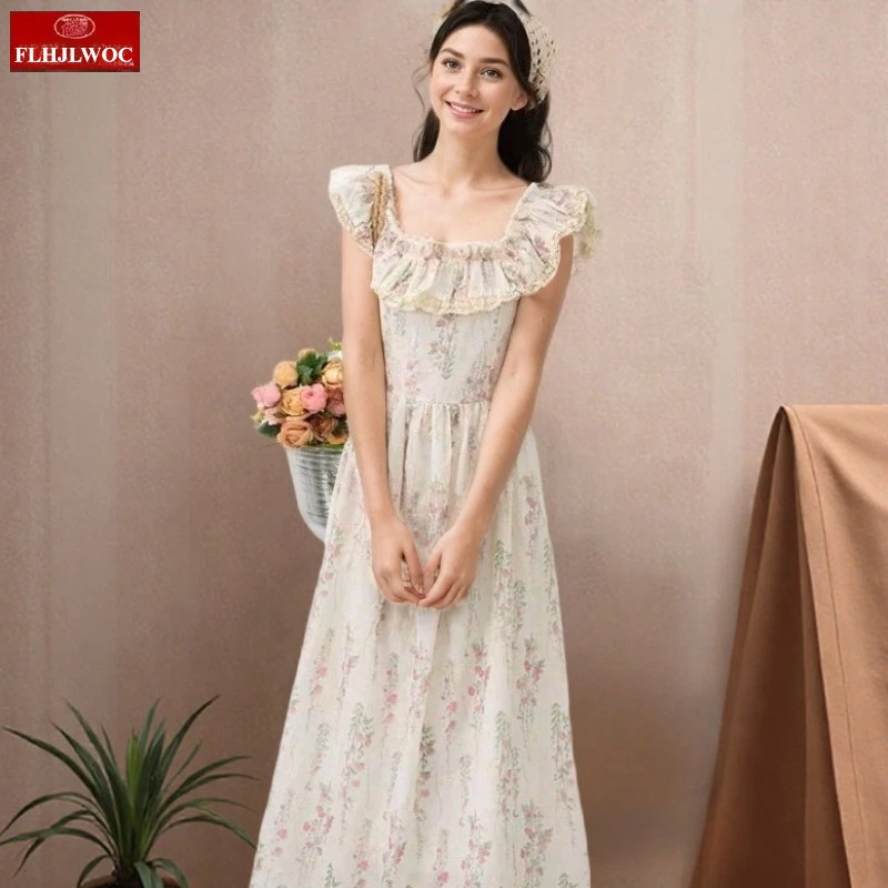 Retro Vintage Rüschen lange Kleider Mori Mädchen Dorf ländlichen Sommer Y2K Urlaub Datum Blume Blumen süße süße Rüschen Spitzenkleid