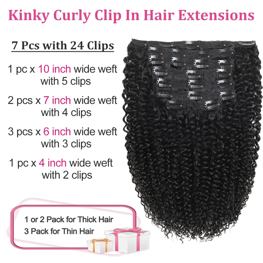 Kinky Curly Clip in Hair Extensions Human Hair 3C 4A Kinky Curly Hair Extensions Clip Ins for Black Women Add Volume 7Pcs/Set