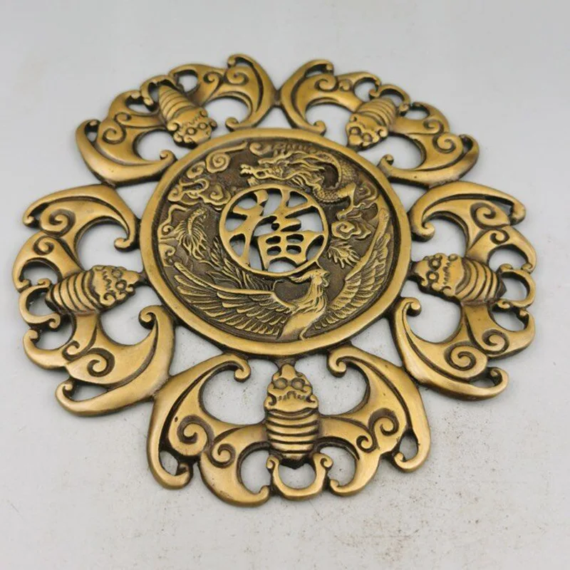 Antique Copper Five Fu Fu Character Home Decoration Antique Bronze Collection Dragon Brass Phoenix Five Blessing Card Hanging Cr