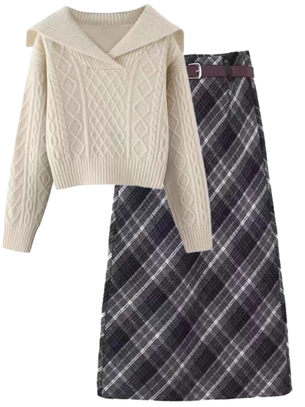 

Fashionable Plaid Skirt Women's College Style Sweater Lazy High-End Feeling Long Sleeve round Neck Two-Piece Set Autumn ...