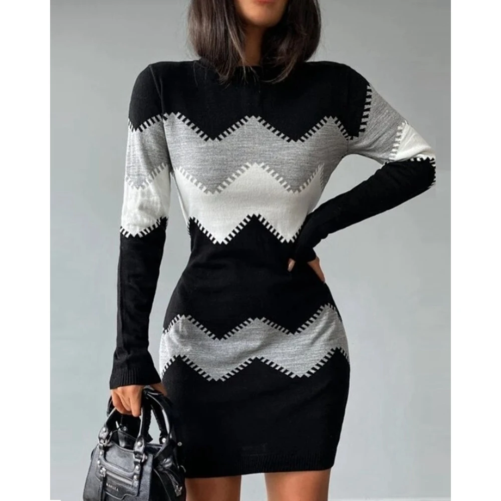 

Elegant Women Zigzag Print Long Sleeve Sexy Bodycon Dress Party Vestidos Femme O Neck Casual Slim Fit Simple trendy Mini Dress