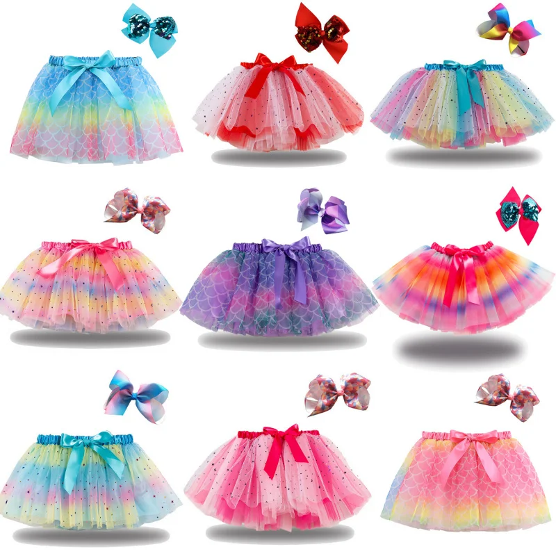 

Baby Girls Mesh tutu Skirts for Princess Party Clothing 1-8Y Kids Cute Puffy Sequins with lining Skirt send Bow Hair clips