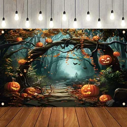 Halloween polyester banner, Misty forest jack-o '-lantern photography background, happy Halloween spooky ghost party