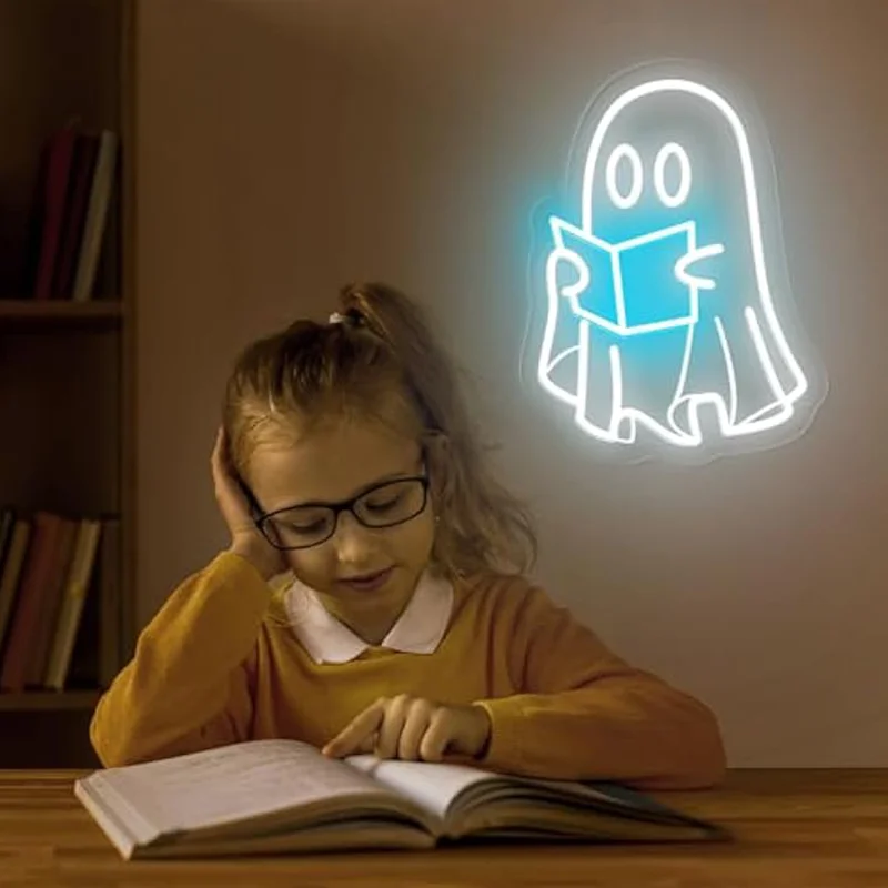 

Ghost Reading Book Neon Sign LED Light Up Sign Wall Decor for Classroom Library Spooky Ghost Read Book Bar Birthday Party