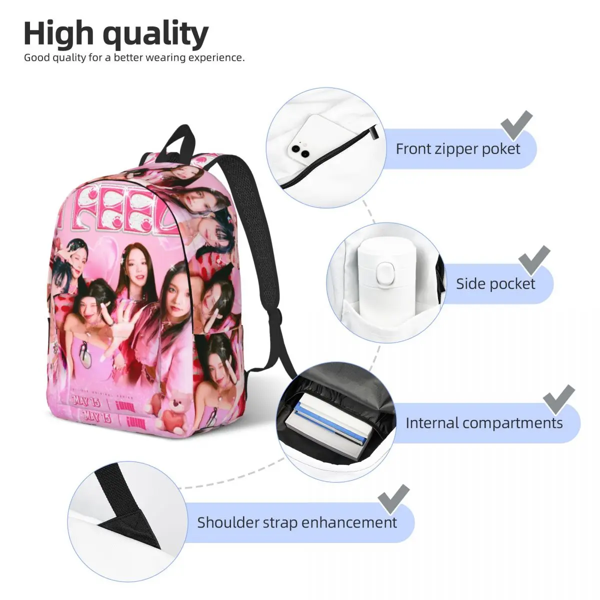 Mochila Clássica K-Pop com Bolso, High School Hiking, Mochila de Viagem para Homens e Mulheres, Sacos de Lona Universitária G, I-Dle, Grupo Feminino