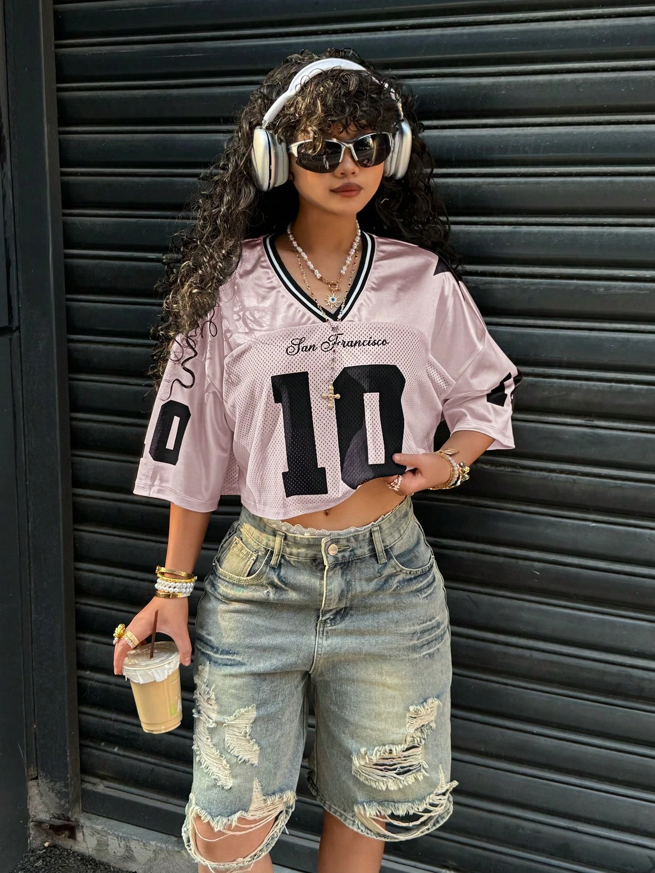 2025 Summer Women's Y2K Fashion Casual Sports Shirt American No. 10 Jersey V-Neck Loose Casual Breathable Quick Drying T-Shirt