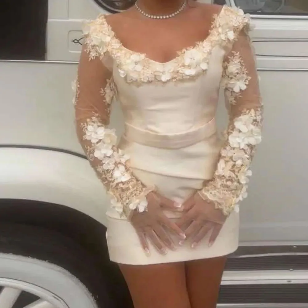 Beleza mini vestido de cocktail curto o pescoço vestido de cocktail para mulheres bainha mangas compridas com flores vestido de festa