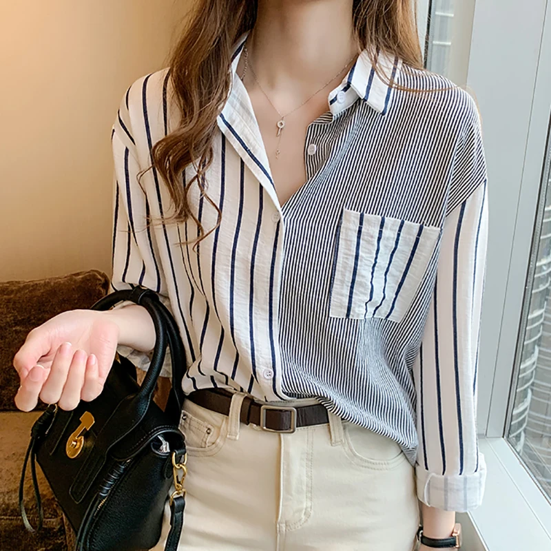 Shintimes Striped Casual Pockets Long Sleeve Shirt Women Cotton Blouse Ladies Clothes 2022 Button Womens Tops Chemisier Femme