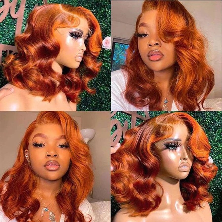 200 Density Ginger Orange Body Wave Bob 13x4 Lace Front Human Hair Wigs For Black Women Human Hair Orange Ginger Short Bob Wig