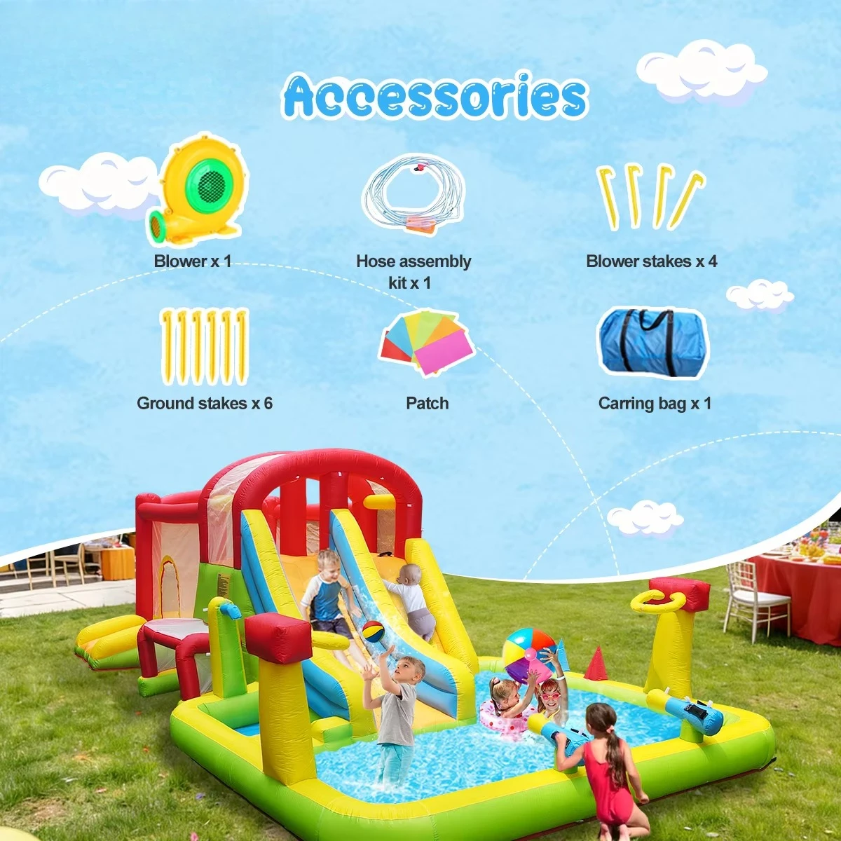 Inflatable Bounce House Jumping Castle Bounce House with Pool Slide Hoop Water Gun Kid Big Bouncing Backyard Amusement Park