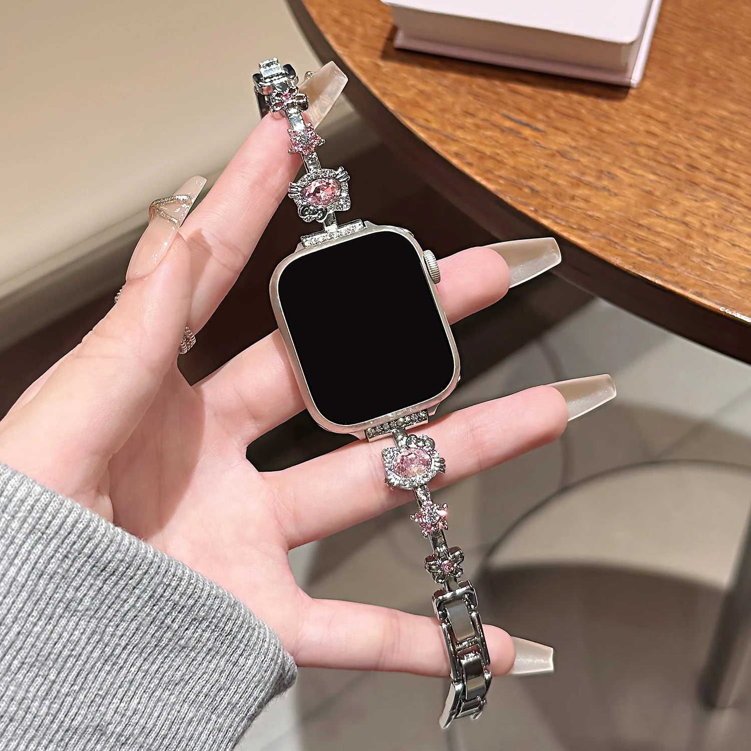 Pink Sparkle Diamond Cat Metal Strap for Apple Watch S11 S10 46 42 45 44 41 40 38mm Girl Gift Compatible with for iWatch Series