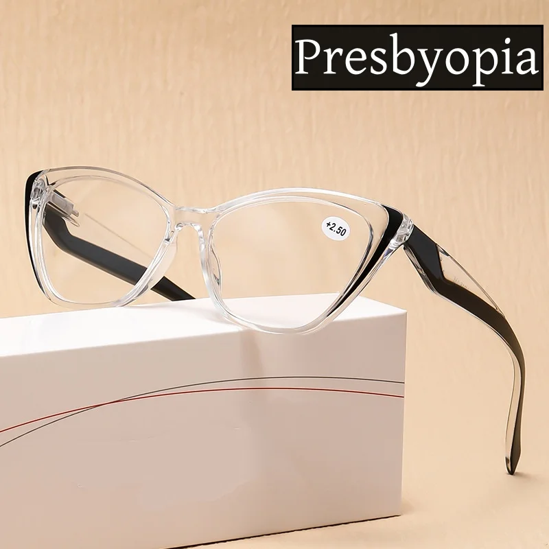 

New Trendy Transparent Cat Eye Reading Glasses Retro Fashion Hyperopia Eyeglasses Women Men's Finished Far Sight Diopter+1.0+1.5