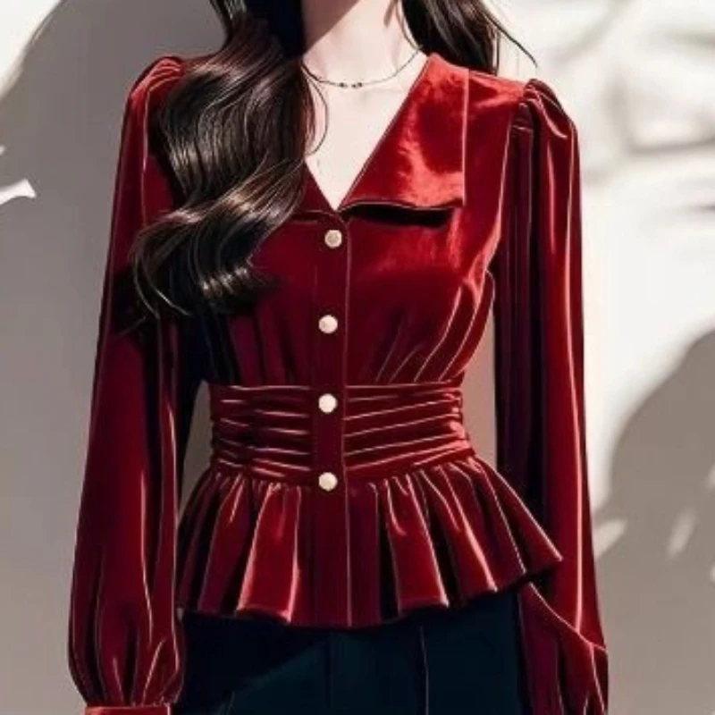 

Women's Shirt Blouse Spring Autumn Winter High-End Retro Bottoming Shirt Fashionable Waist Hemline Top TT404