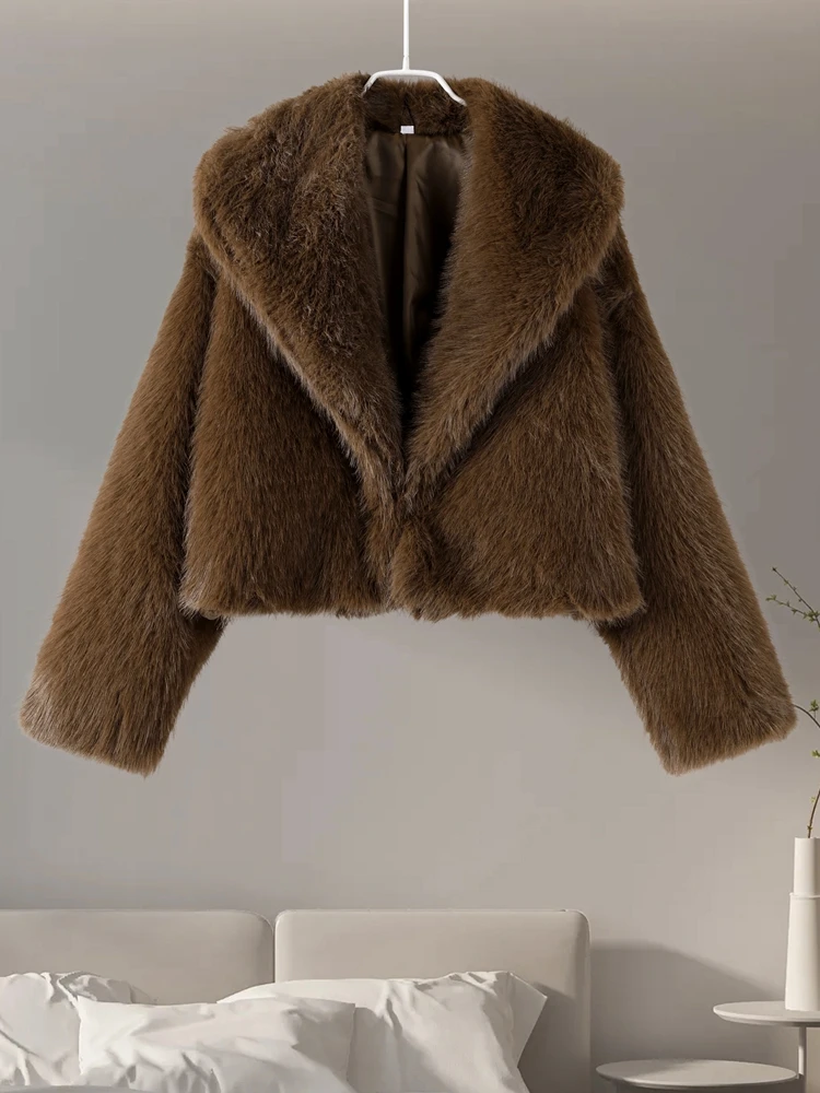 Veste en fausse fourrure pour femme, revers, manches longues, cuir strucp, vestes femme, manteau femme épais, mode, automne, hiver, 2024