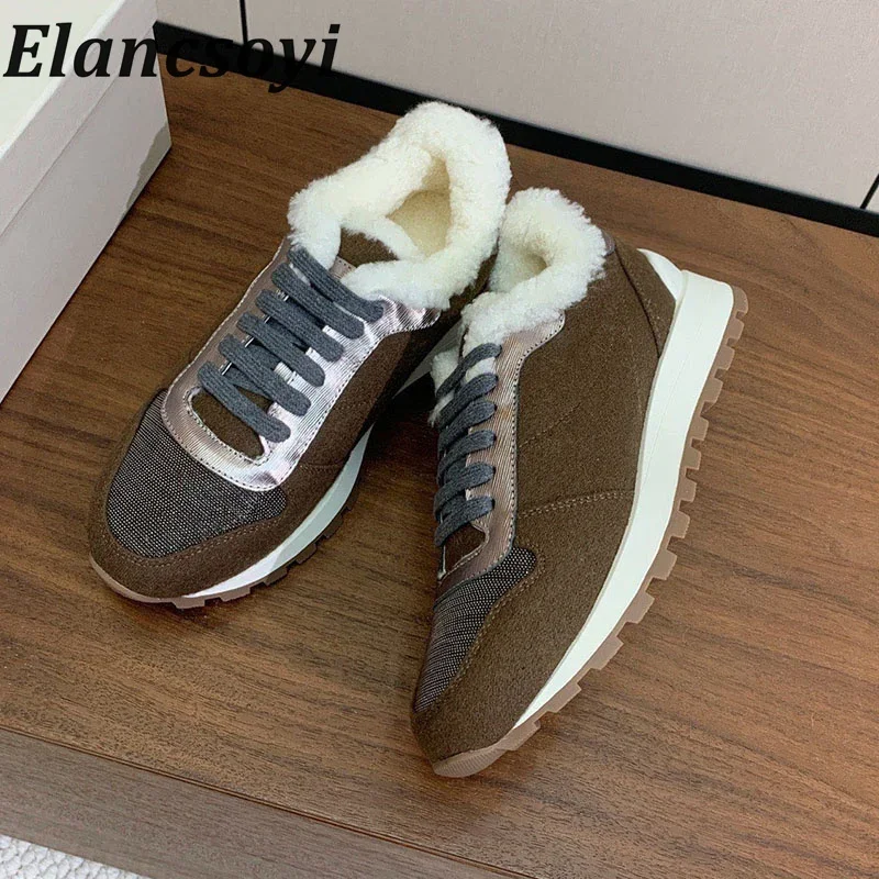 Winter Metal String Bead Decorative Suede Casual Shoes Lining Paired with Patchwork Flats Comfortable Vacation Walking Shoes