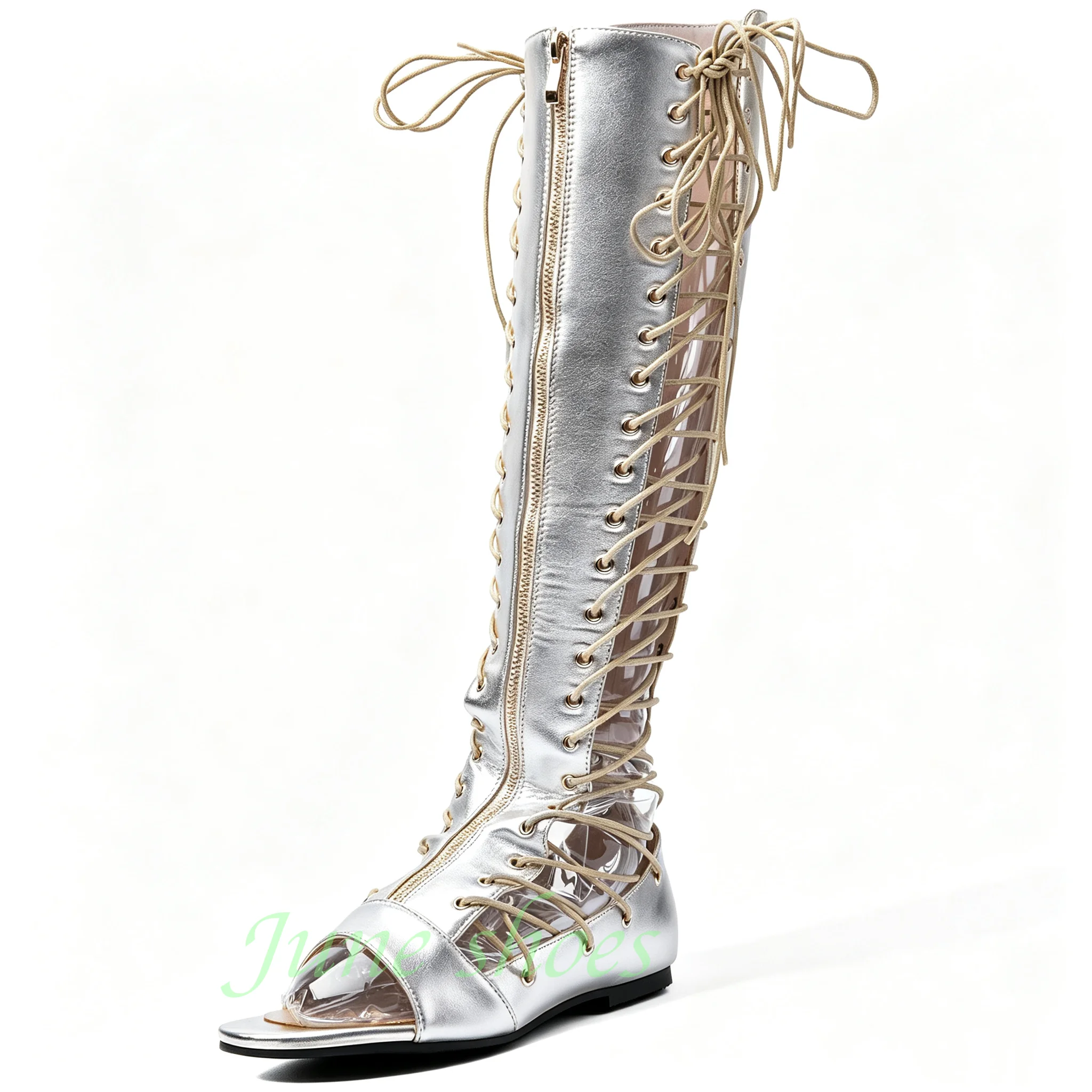 Square Toe Flat Knee High Gladiator Boots Metallic Faux Pu Back Lace-Up Side Zipper Open Toe Cutout Women Summer Sandal Boots 46