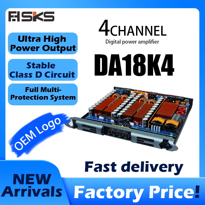 4 Channel Class D Digital Power Amplifier DA18K4 4×1800W Professional Stage Audio Amp 1U Rack Mount High Power Amplifier