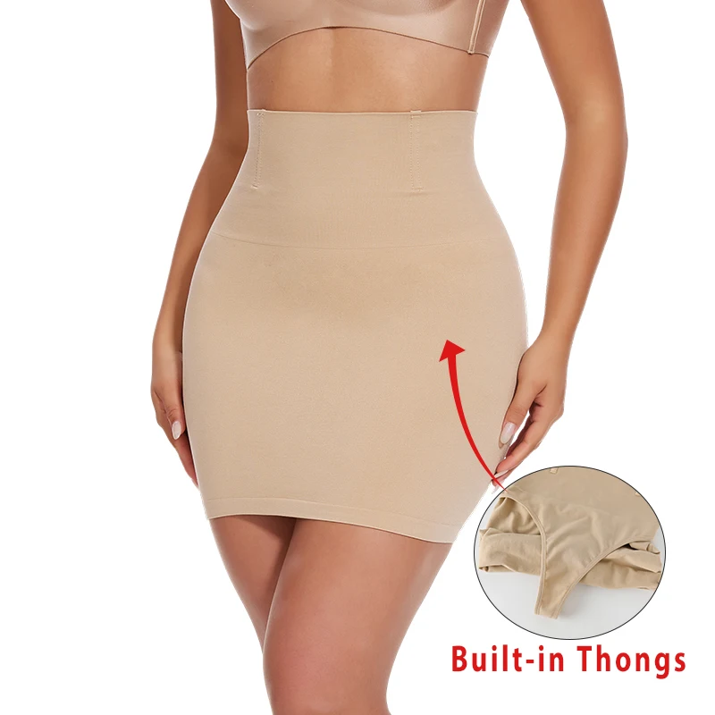 Built-in Thongs Control Slips Women Shapewear Tummy Control Smooth Body Shaper Half Skirts for Under Dress Butt Lifter Underwear