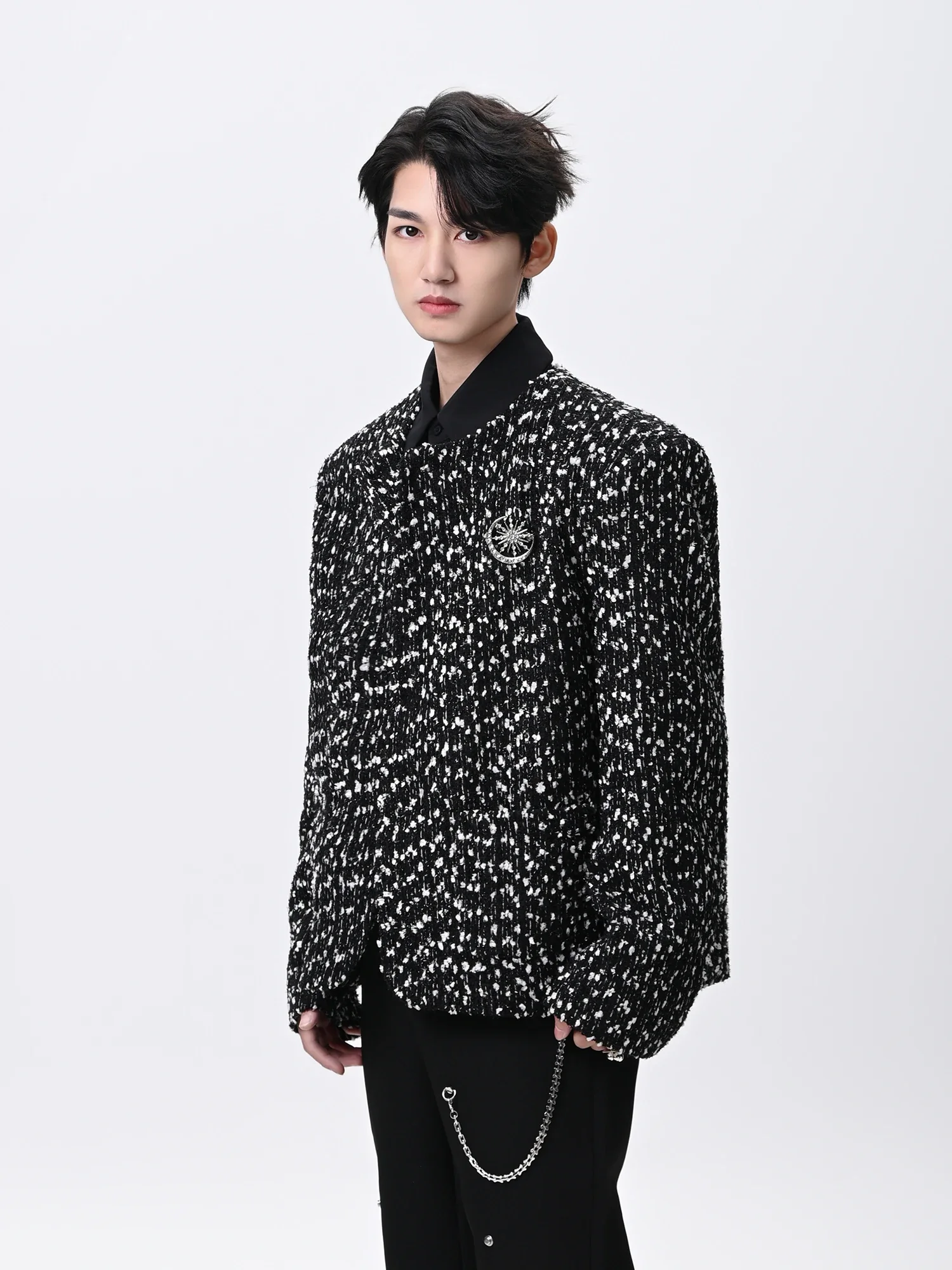 2024 Fashion Black Short Small Fragrant Coats Male Personality Design Hole Full Body Hot Diamond Jacquard Trendy Tweed Jacket