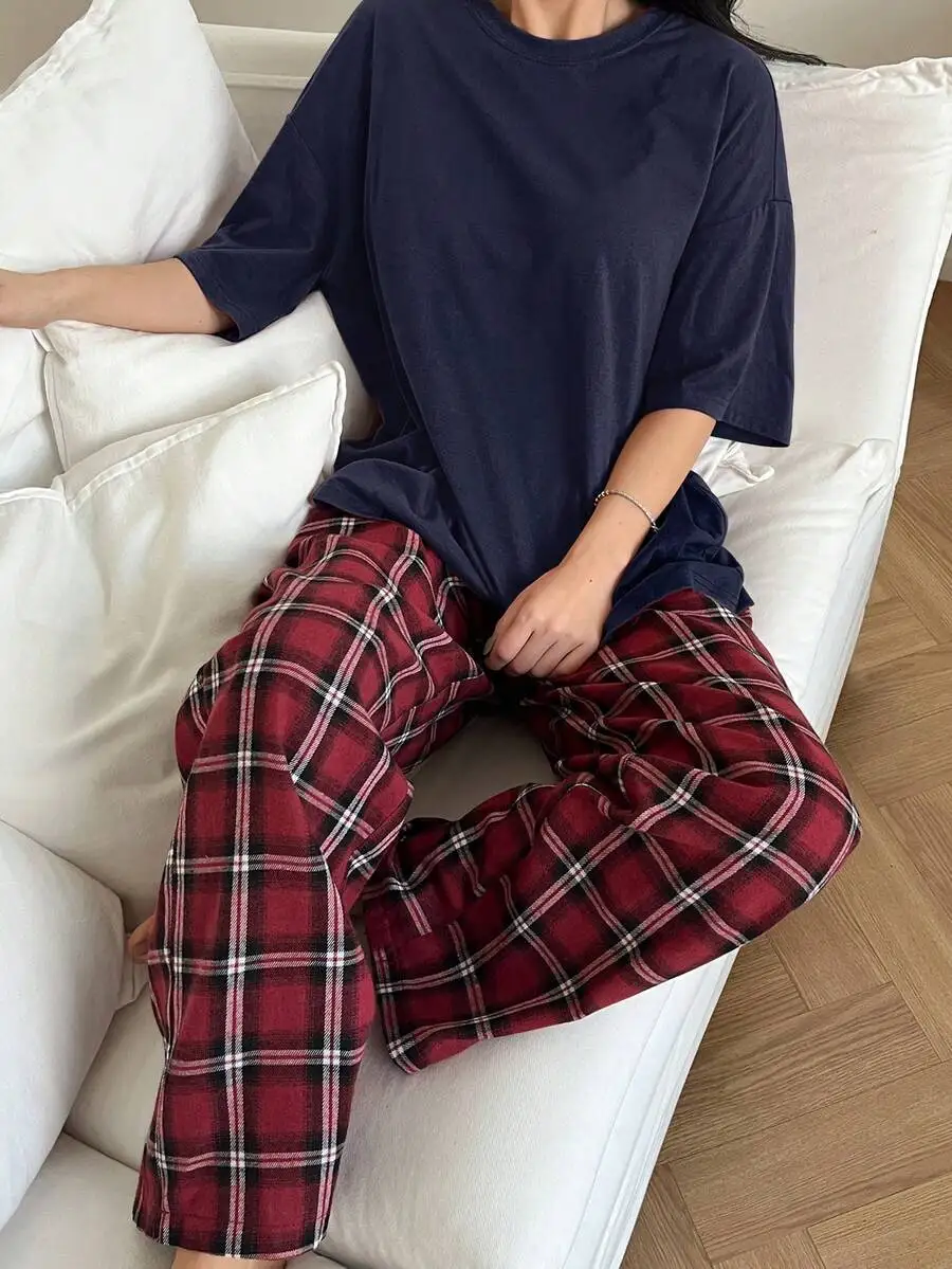 

Casual Loose Top And Plaid Pants Loungewear Set Pajama Outfit