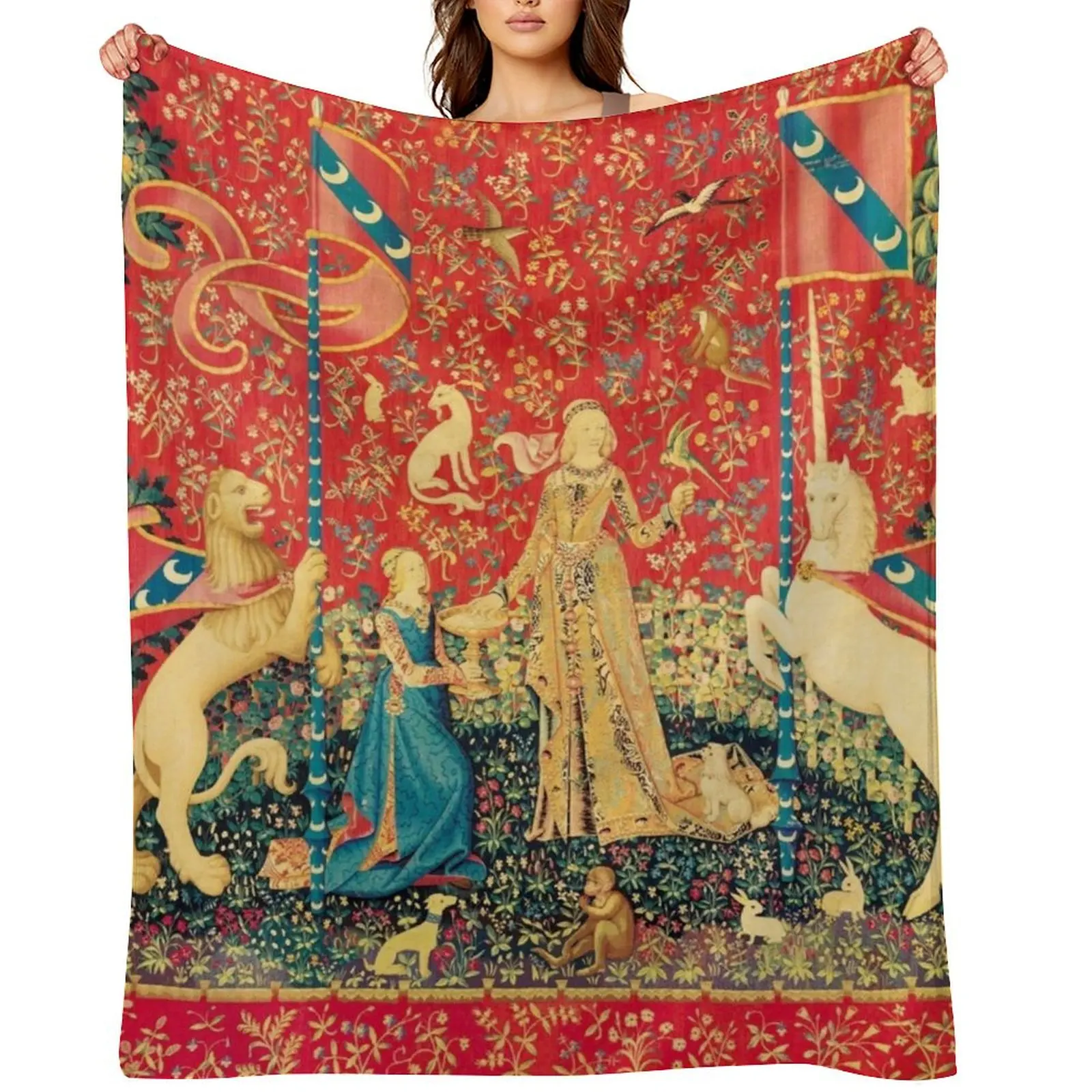LADY AND UNICORN Taste, Red Green Fantasy Flowers,Animals Throw Blanket Bed Decorative Sofas Summer Beddings Blankets