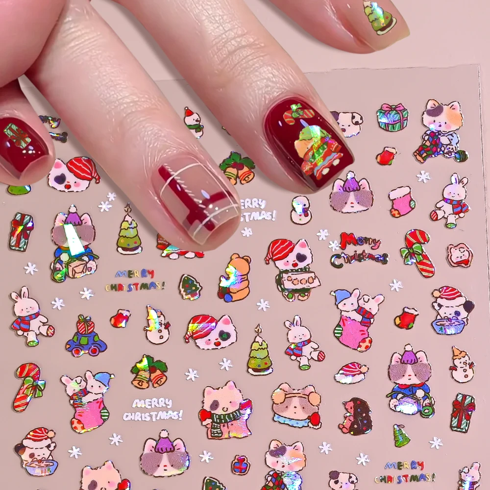 1 pçs bonito efeito de vidro laser decalques de unhas de natal 5d urso/gatinho árvore de natal floco de neve design adesivos de unhas diy decoração de natal ﻿