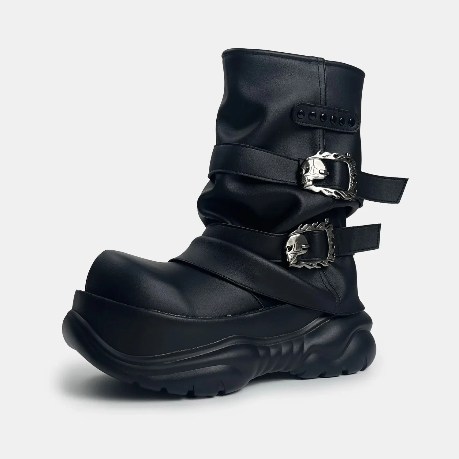 

2026 New Women Y2K Goth Skull Metal Buckle Platform Mid Calf Slouch Western Boots For Alt Street Daily Outfit