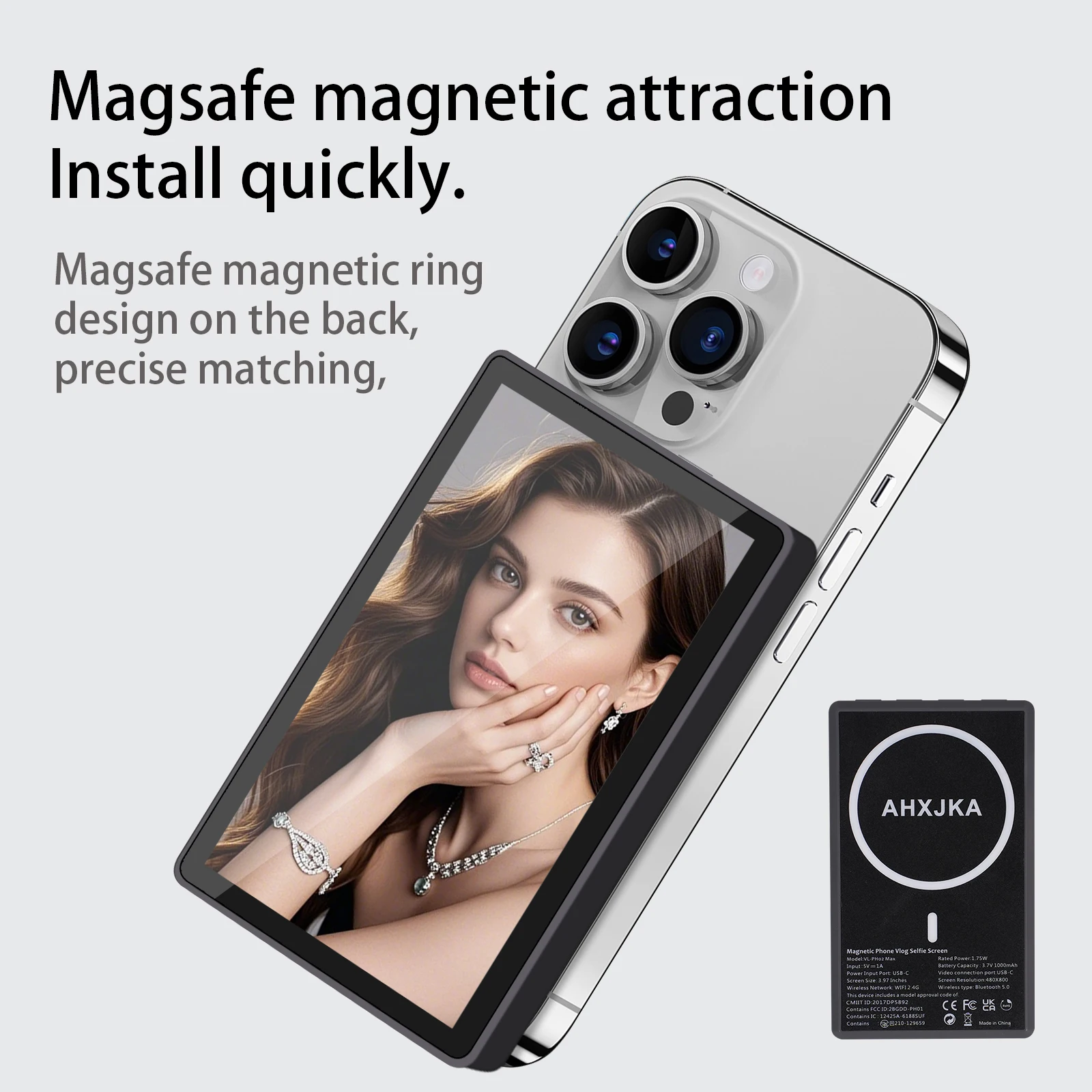 

AHXJKA 5” Magnetic Iphone Selfie Monitor Screen Display for iPhone Android Phones for Rear Camera Selfie Vlog Live Stream