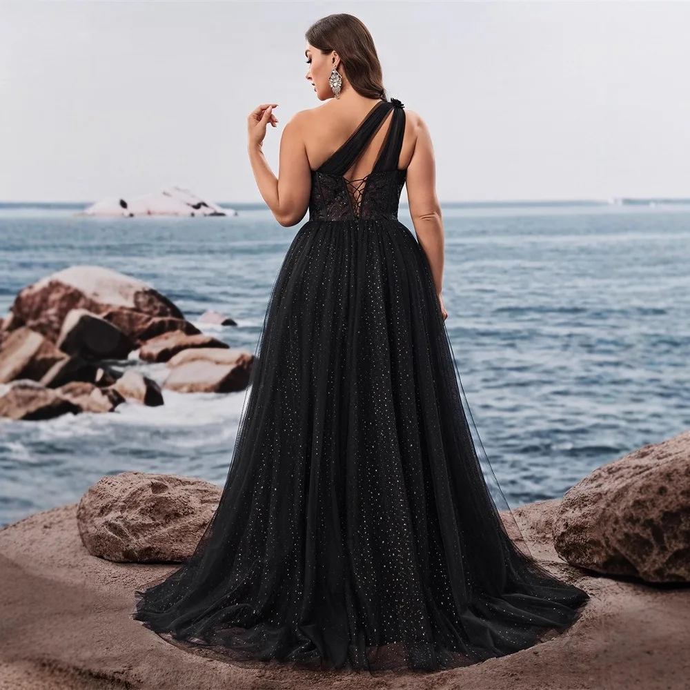 Plus Size Black One Shoulder Floral Bow Corset Star Tulle Maxi Dress High Slit Flowy A Line Wedding Guest Evening Gown