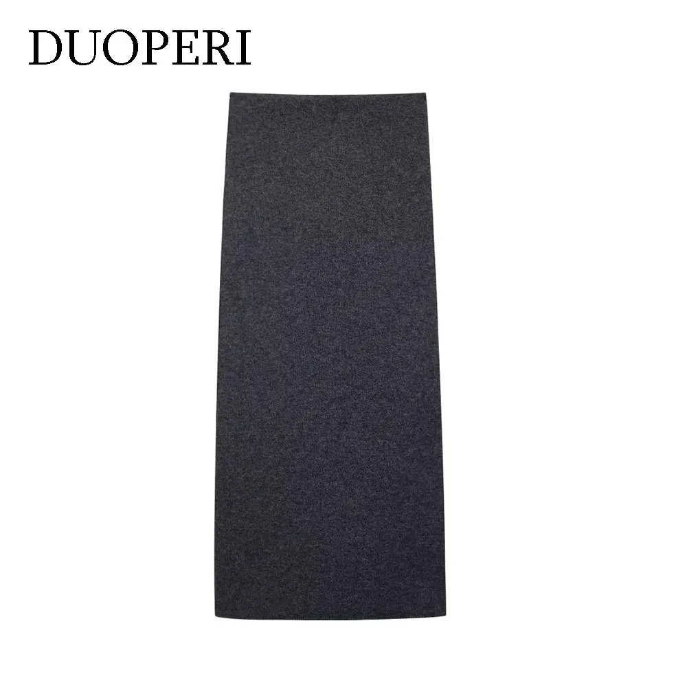 DUOPERI Women Fashion Grey Knitted Midi Skirt Vintage High Elastic Waist Back Slit Female Chic Lady Skirts