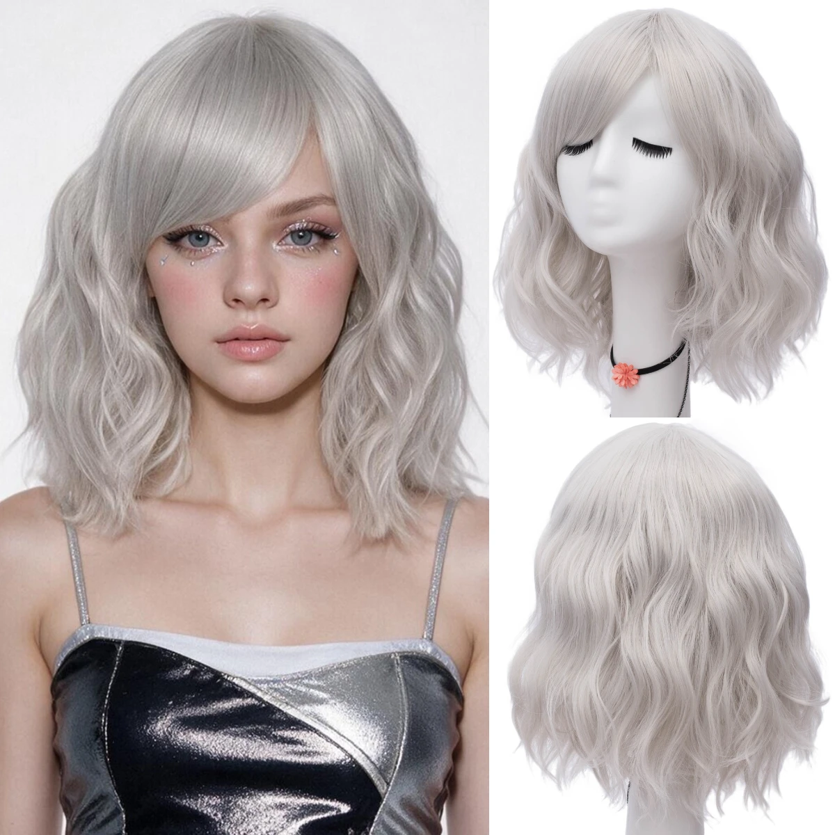 Synthetic Short Wavy Silvery White Wig With Side Bangs Curly Bob Wigs For Women Cosplay Daily Party Use Heat Resistant