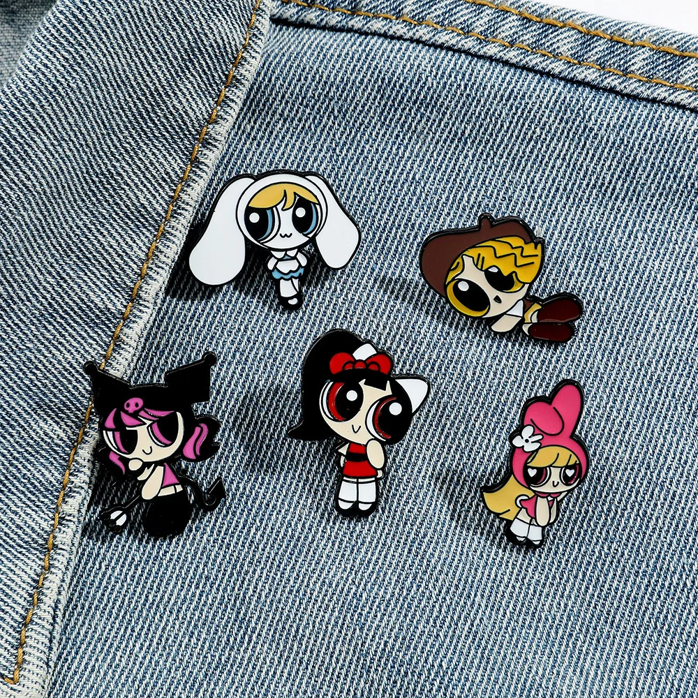 Cartoon Powerpuff Girls Brooch Character Model Metal Enamel Cute Badge Clothing Backpack Lapel Pin Jewelry Accessories Gifts Art