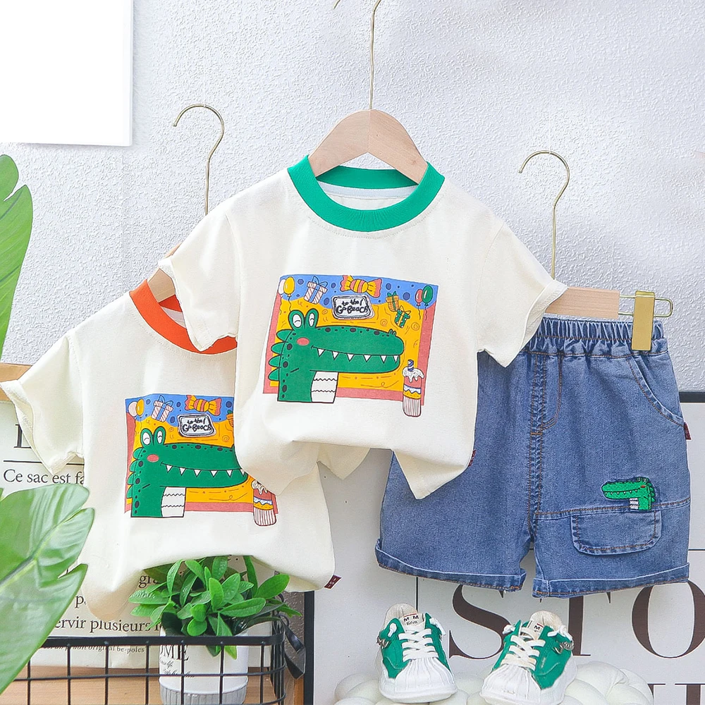 summer Boys 2-Piece dinosaur Outfit Set Cartoon Short-Sleeve Top +Shorts Elastic Waistband for Toddler Girls Boys 1 2 3 4 years