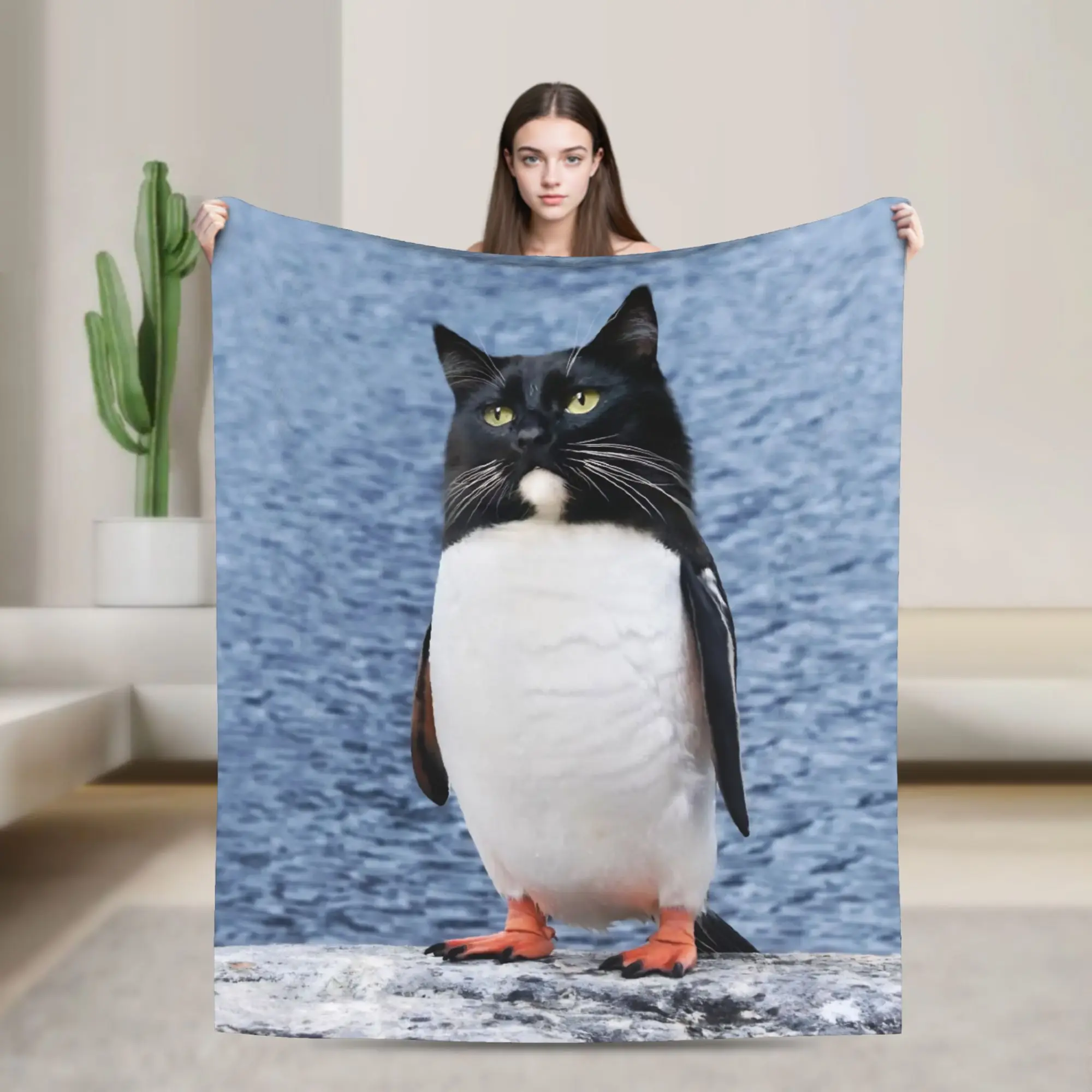 Cute Penguins Famous Meowl Cat Owl Meme Blanket  Warm Soft Plush Throw Blanket For Home Decor Travel Flannel Bedspread Bed Cover