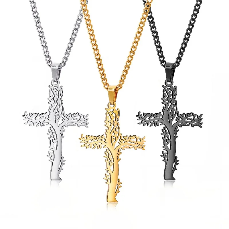 Stainless Steel Tree of Life Cross Necklace for Men and Women Personalized Wearing Titanium Steel Pendant