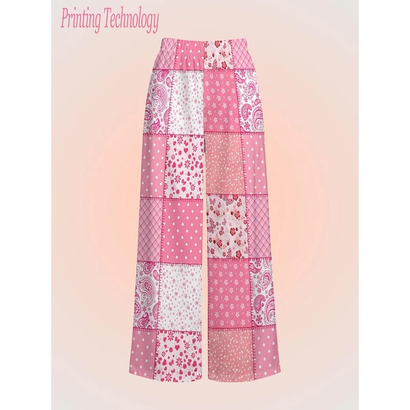 Girls All Over Print Wide Leg Pants Elastic Waist Loose Fit Casual Trousers for Tween Teen Girls School Daily Wear