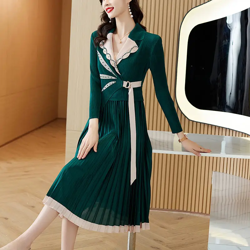 

OL Pleated Dress Spring And Autumn New Style Suit Collar Fashion Mid Length Slim Fit Waist Elegant Women Dress Workwear T1144