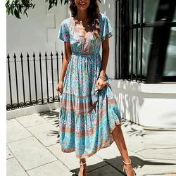 GypsyLady Floral wydrukowano Maxi sukienka w stylu Vintage Boho letnie wakacje kobiety sukienki Casual Chic krawat zasznurować panie plaża damska sukienka