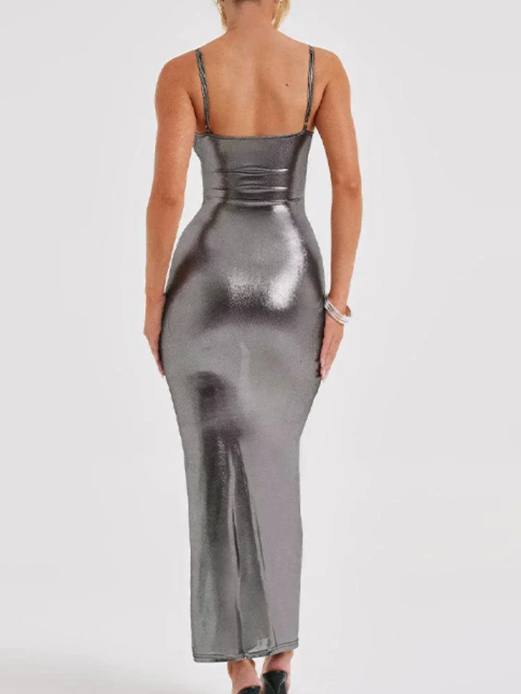 Sexy Shiny Patent Leather Slim Bodycon Maxi Dress Women Sleeveless Backless Skinny Long Dress Elegant Club Party Vestidos