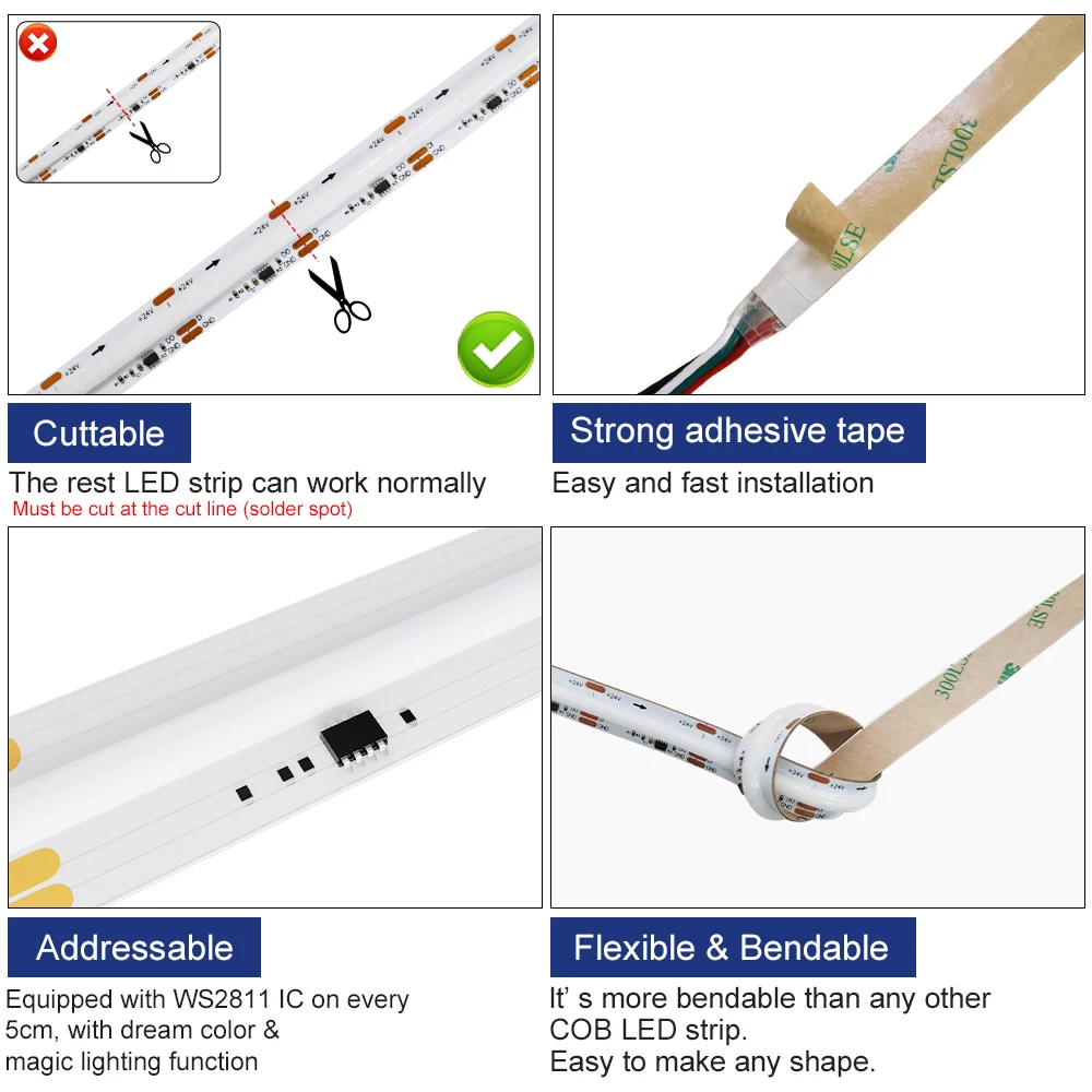 Adresowalna lampka pasek COB LED 24V pełna kolor marzeń taśma LED 714LEDs WS2811 pikseli KLA FCOB Strip magiczna kolorowa lampa dekoracyjna pokojowa