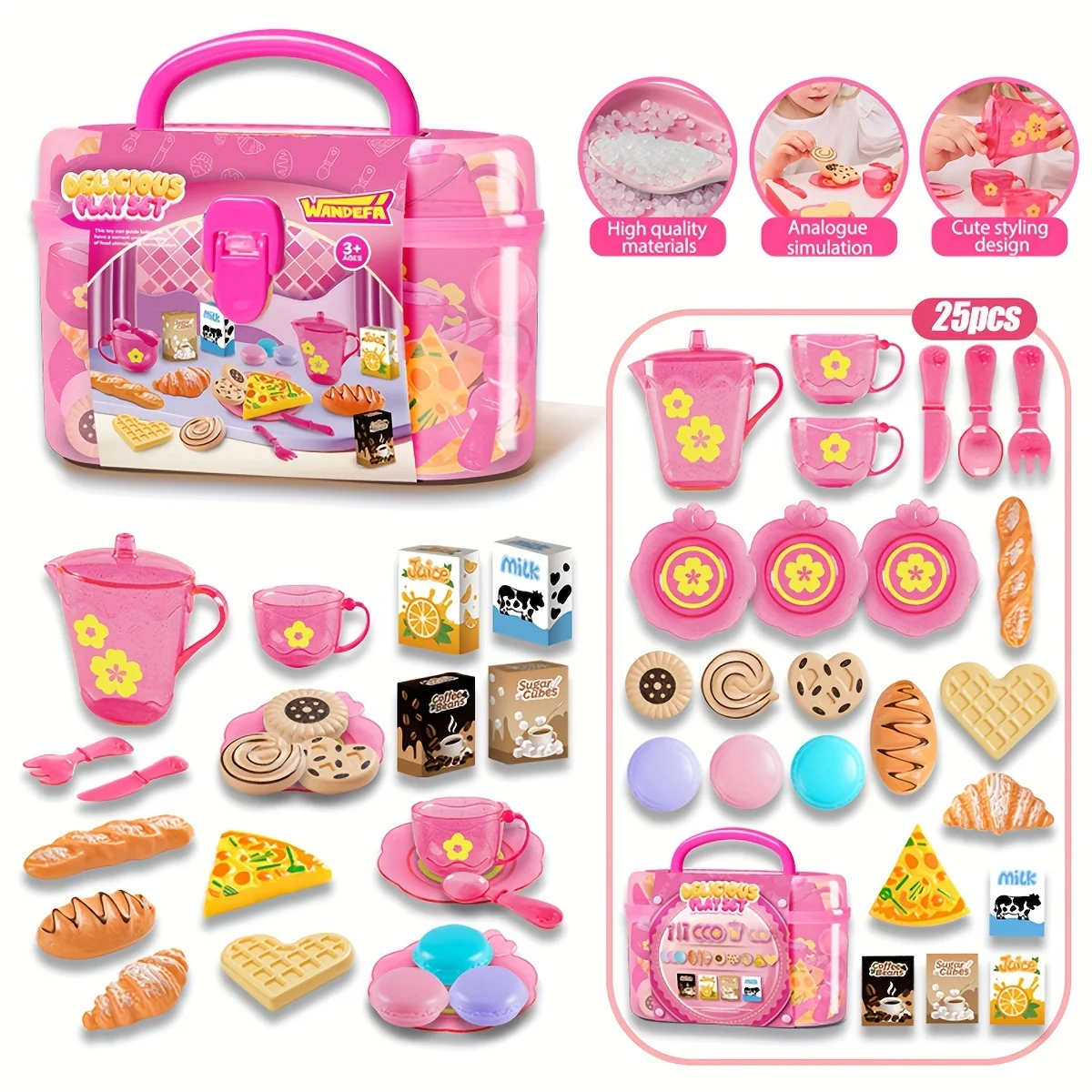 Set da tè per ragazze da 25 pezzi con cibo realistico e dessert - Accessori interattivi per il tè pomeridiano, regalo di compleanno