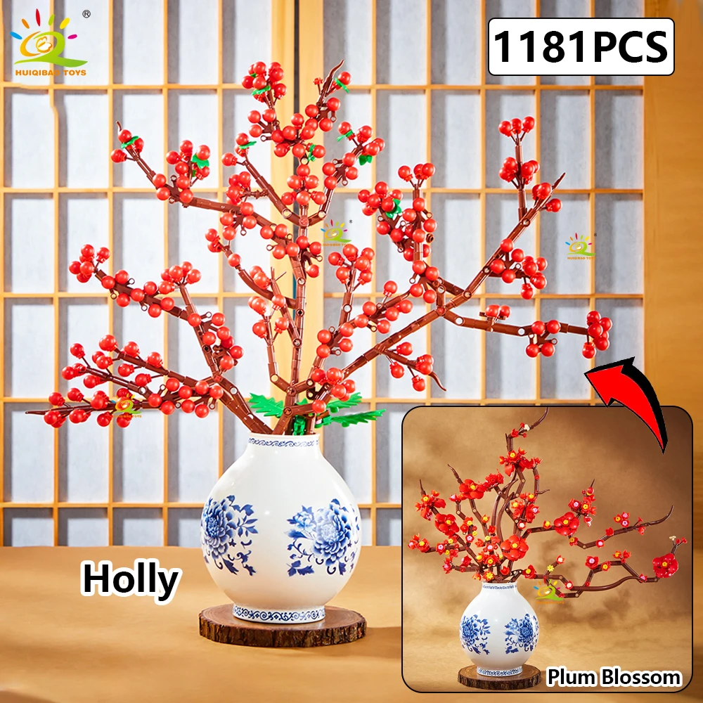 HUIQIBAO Plum Blossom Holly MOC Flower Model Building Blocks New Year bouquet potted plant 3D Brick Children DIY Toy home Decor.