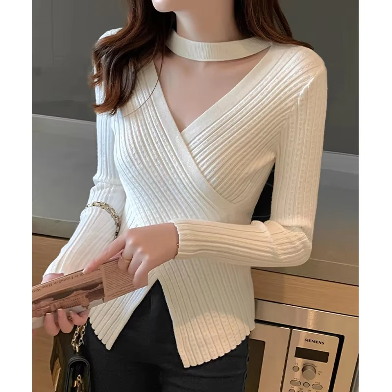 2025 outono elegante senhora do escritório fino ajuste pulôver camisola casual cor sólida malhas moda com decote em v cruz design camisola 9138