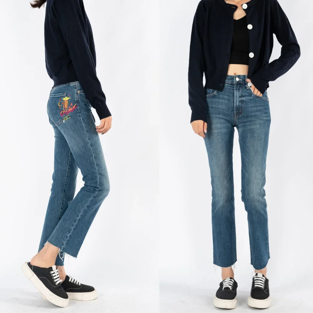 Spring and Summer New High Waist Hairline Embroidered Nine-point Micro Flare Jeans Female