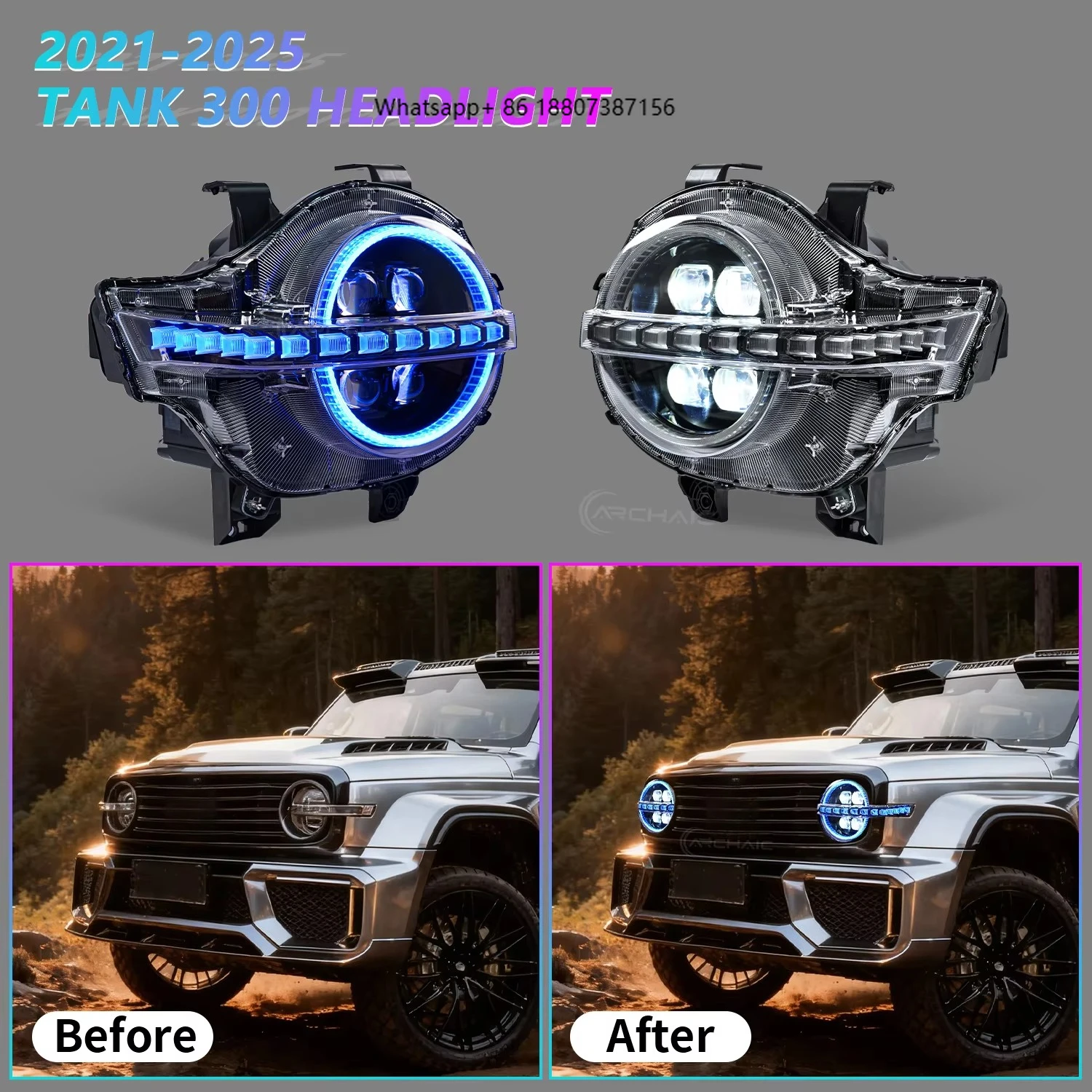 

Archaic RGB Headlamp for Tank 300 2019-2025 Headlight with 4 Startup Animation Modes White/Amber DRL Front Lamp Plug and Play