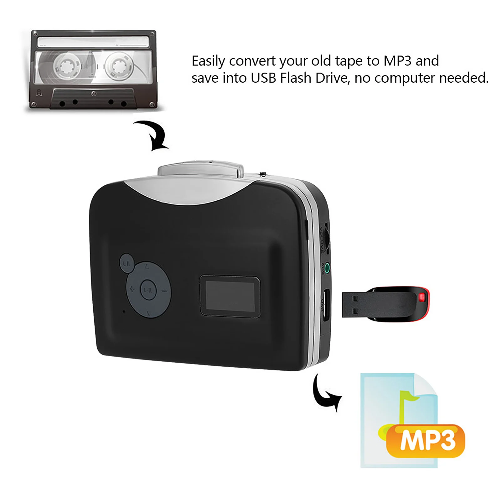 Cassette Tape-to-MP3 Converter Save Into USB Flash Disk Auto Partition Standalone Recorder W/ Earphone Black