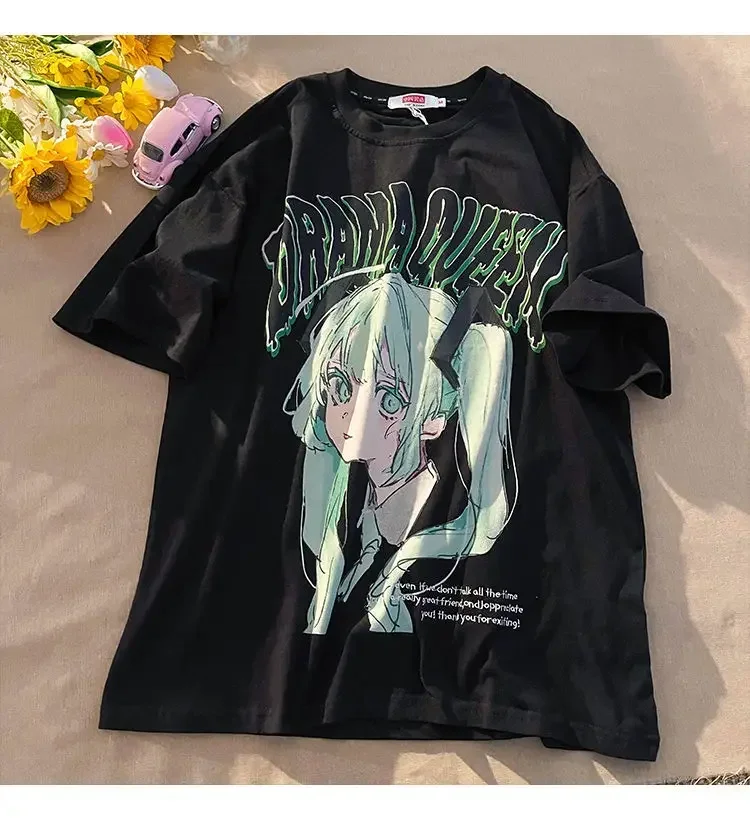 Camiseta con estampado de Anime Harajuku para mujer, camisetas holgadas de manga corta Y2k estéticas Kawaii, camiseta de gran tamaño a la moda