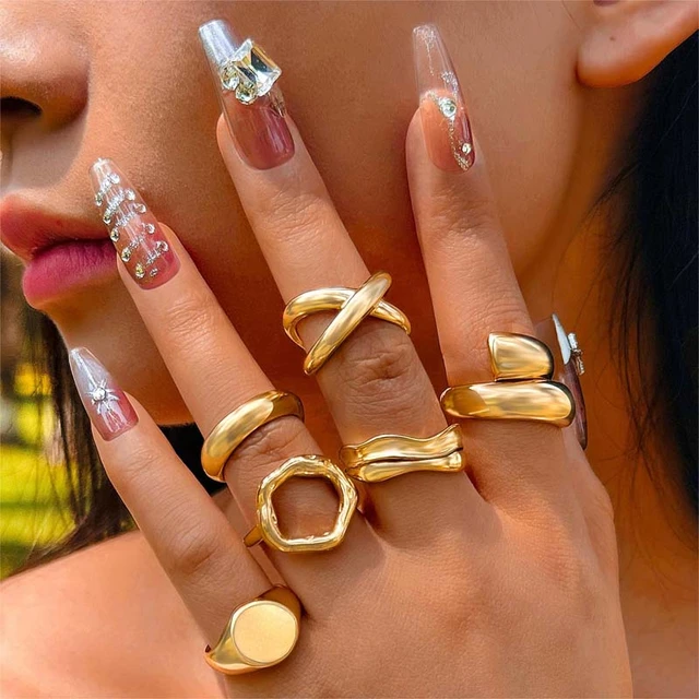 6Pcs Set Gold Color Smooth Geometric Open Rings Set For Women Exaggerated Metal Irregular Thick Chunky Ring Jewelry Gift AliExpress 36